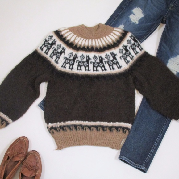 Llama Fair Isle Knit Sweater Brown 